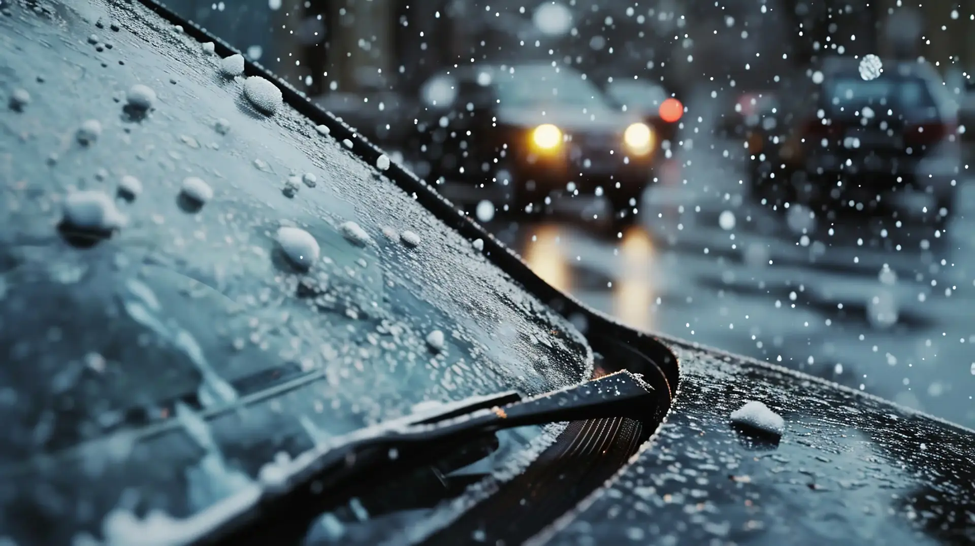 Hailstones striking a car windshield and hood during a storm.