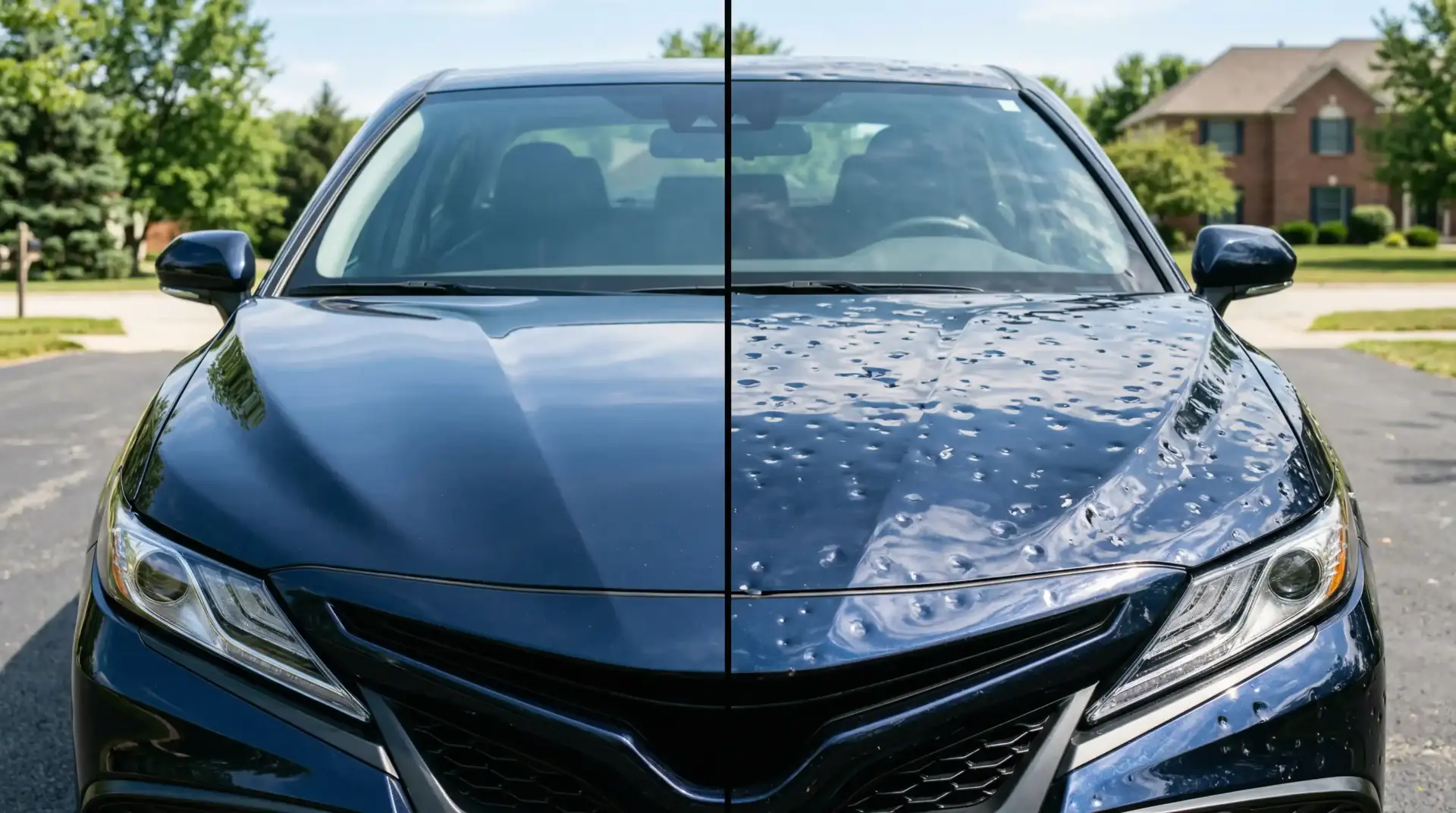 Before and after shot of a car caught out in a hailstorm.