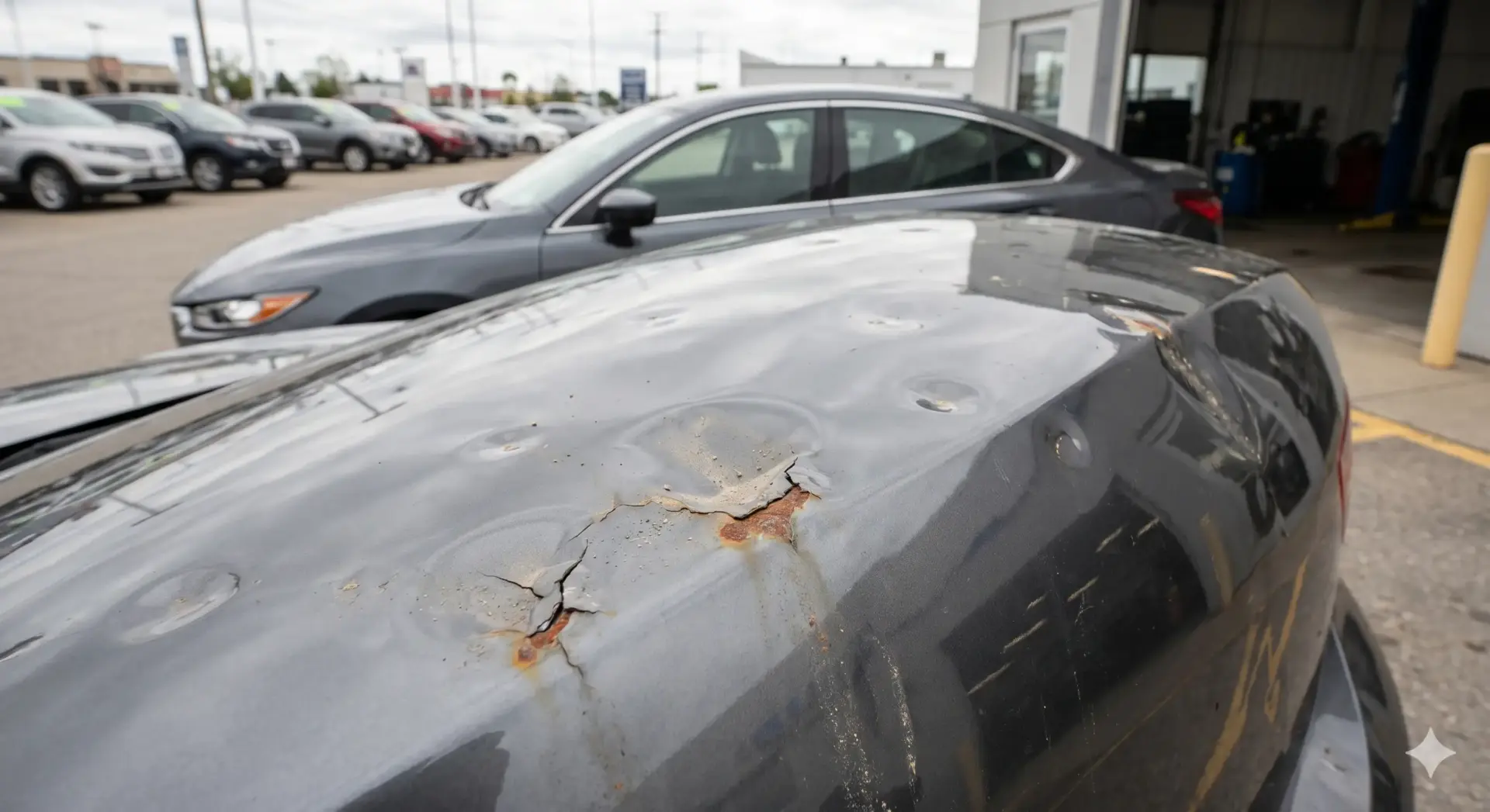 A close-up photograph of neglected hail damage on a grey sedan's hood, showing multiple dents where the paint has micro-fissured, allowing orange-brown surface rust and corrosion to bloom where the metal is exposed.